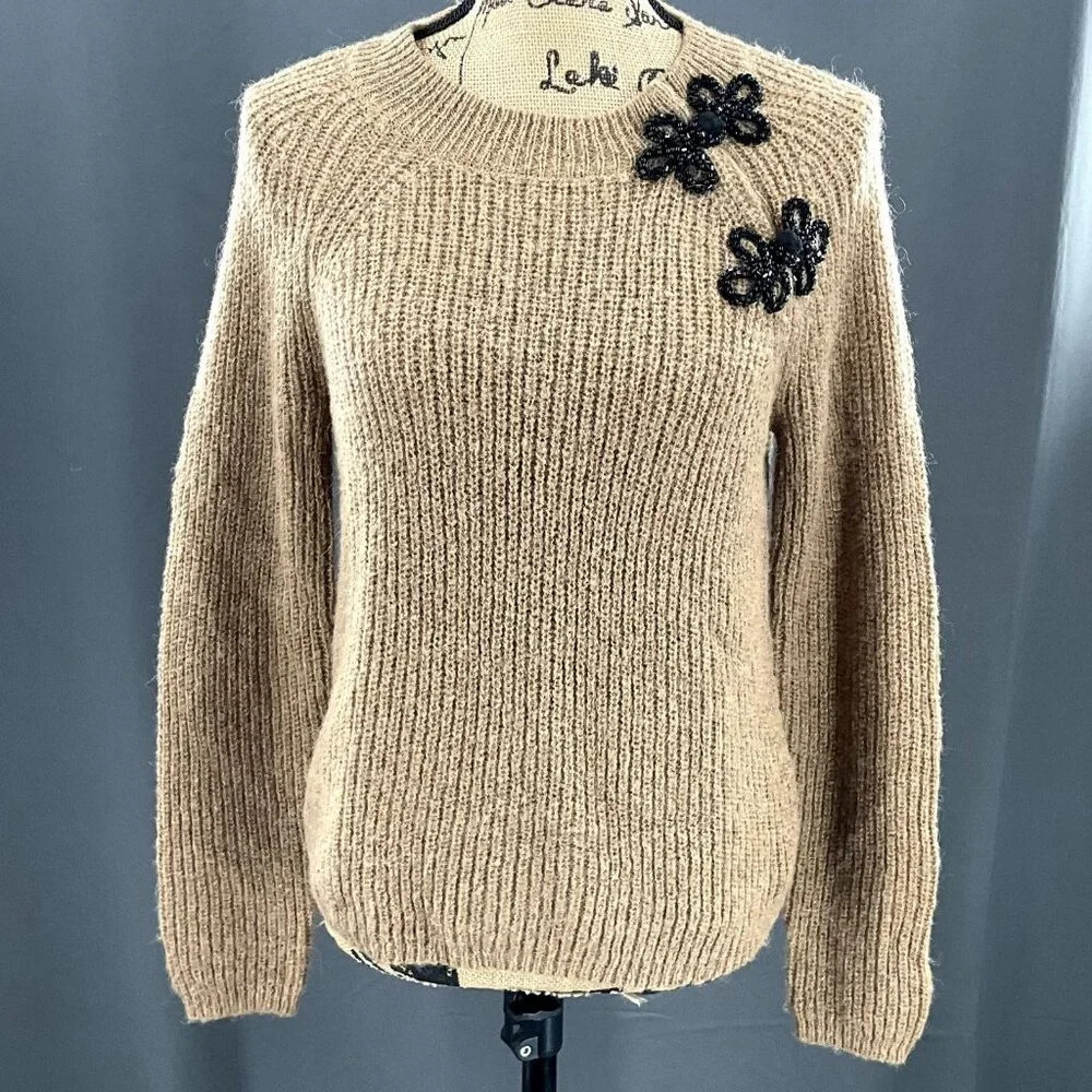 J. Crew Sweater Womens Small Tan Ribbed Wool Alpaca Beaded Clasps Pullover Knit